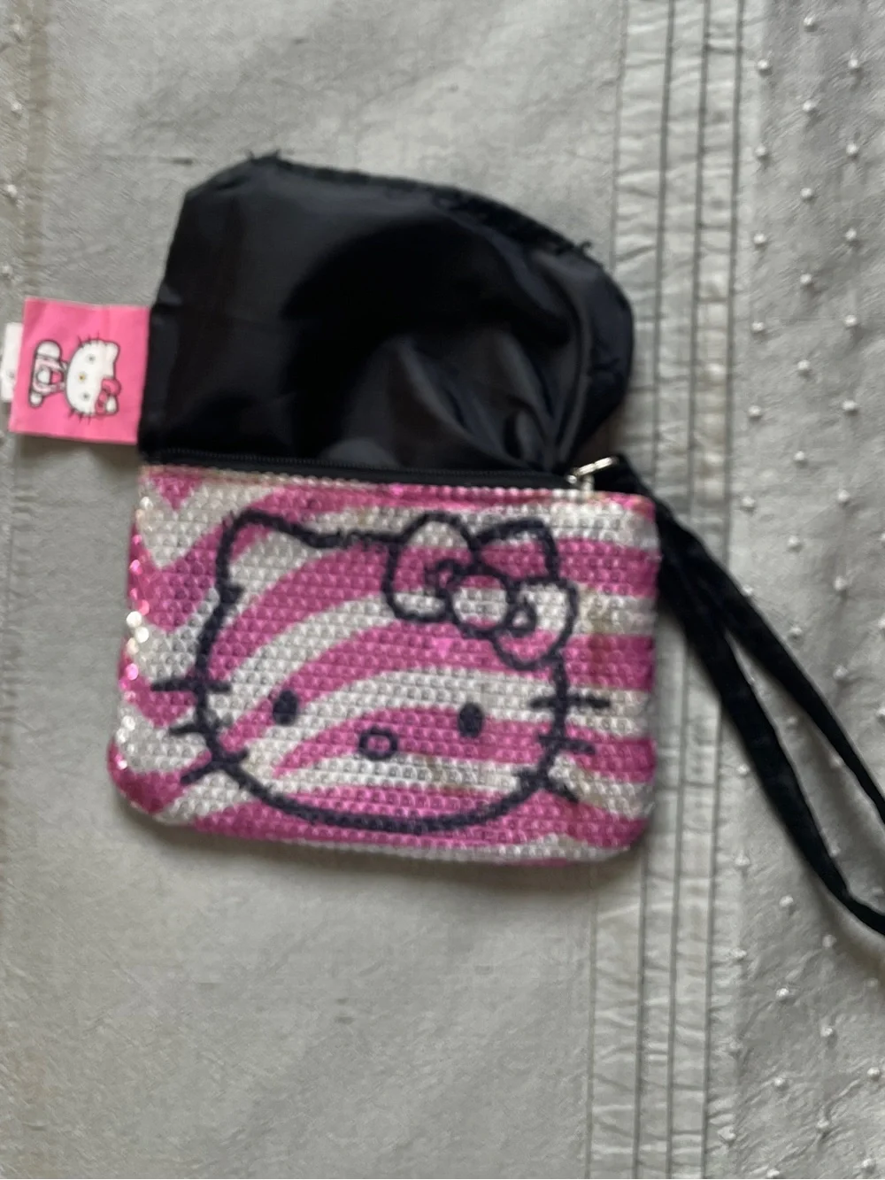 Hello Kitty Pink and Silver Sequin Wristlet Satiny Pouch with Wrist Strap
